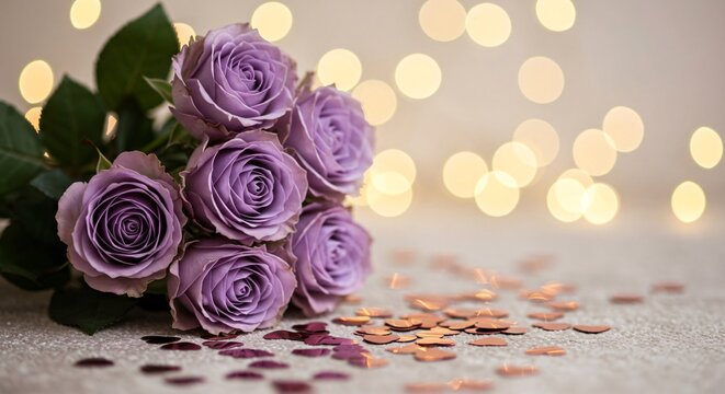 Elegant purple roses with bokeh lights and heart shaped confetti create a romantic scene