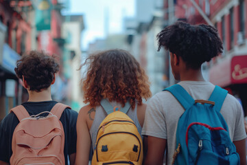 Fototapeta premium Three students with backpacks walking in vibrant urban street