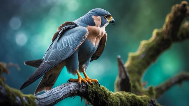 A depiction of a hybrid falcon seated on a branch, facing forward