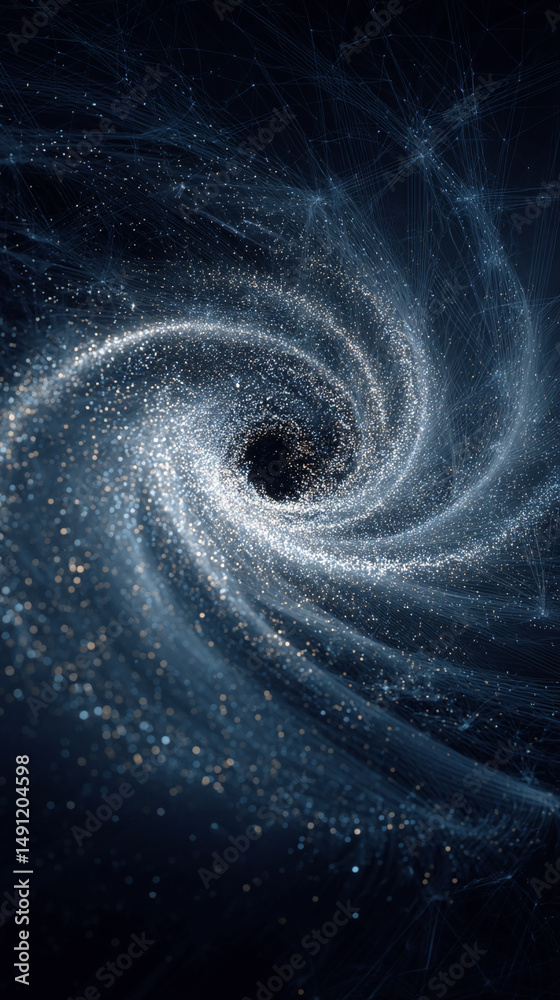 Poster swirling blue and white particles form a vortex, creating an abstract image suggestive of cosmic ene