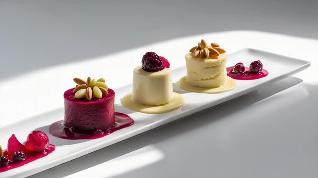 Beetroot carpaccio with stracciatella cheese explained. Vegetarian plate including pear mousse and pine nuts. Gourmet dish displayed on a white background. Presented and styled appetizing starter.
