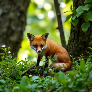 Raposa vermelha animada em habitat florestal