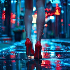 Woman walking in city rain, red heels