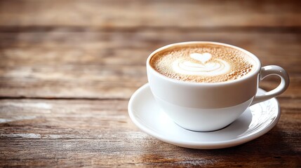 Fototapeta premium A cup of cappuccino sits on a rustic wooden table.