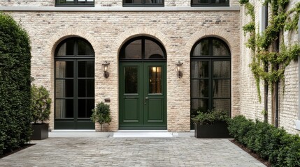 Elegant Green Door and Arch Windows on a Brick Wall