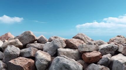 A picturesque view of weathered rocks stacked against a bright blue sky dotted with fluffy white clouds, creating a serene and natural landscape scene indeed.