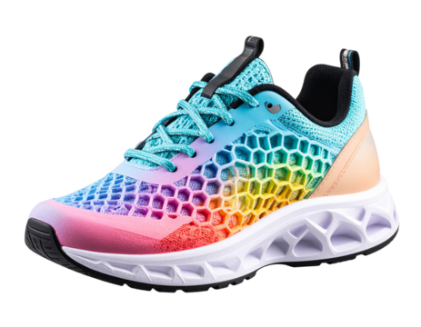 3D-printed running shoe with a honeycomb pattern in a pastel rainbow colorway isolated on a transparent background