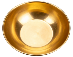 A golden bowl with a raised bottom, top view isolated on a transparent background