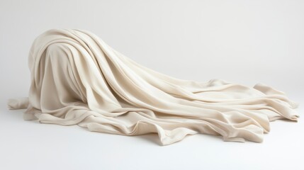 Draped cream fabric sculpture on white background.