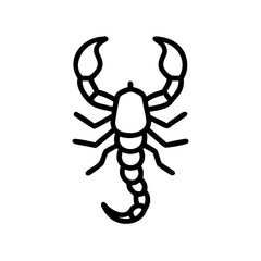 Simple graphic depiction of a black outline of a scorpion with its tail and claws shown clearly on white 100