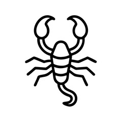 Simple outline drawing of a black scorpion with claws and segmented body on a white background surface