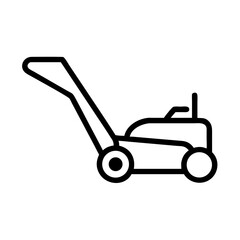 Simple graphic of a lawn mowing machine with a handle and wheels in black outline design style