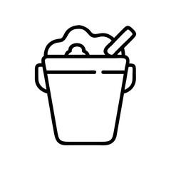 A simple graphic of a bucket filled with sand and a shovel for children playing at the beach scene