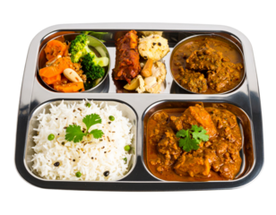 An Indian thali plate with various dishes, including rice and curries isolated on a transparent background