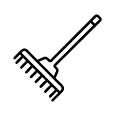 Outline drawing of a gardening tool with a long handle and tines for gathering leaves or debris on the ground