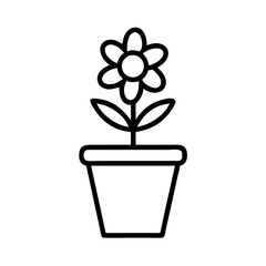 A simple drawing of a flower with petals and leaves inside a pot, outlined in black on a white background