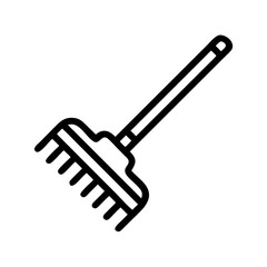 A simple graphic showing a rake with a handle and tines for gathering leaves in a garden area tool 100