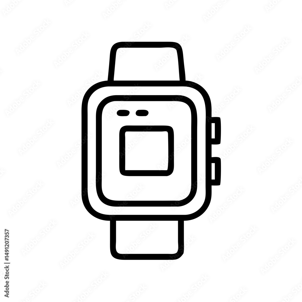 Poster outline drawing of a smartwatch with a square screen and two buttons on the right side of the device