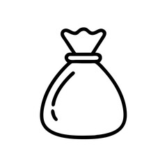 Outline drawing of a tied sack with gathered top and visible knot on a plain white background space