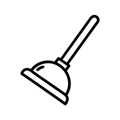 A single black and white graphic of a household tool with a handle and a suction cup shape tool present