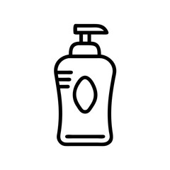 Outline drawing of a pump bottle with an oval shape on the front and horizontal lines on the side
