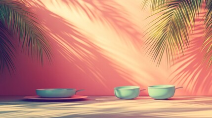 Obraz premium The concept of peace is symbolized by Pastel Kitchenware with Soft Sunlight and Shadow Play, which features a serene kitchen setting with pastel-colored cookware, plants, and soft sunlight that casts