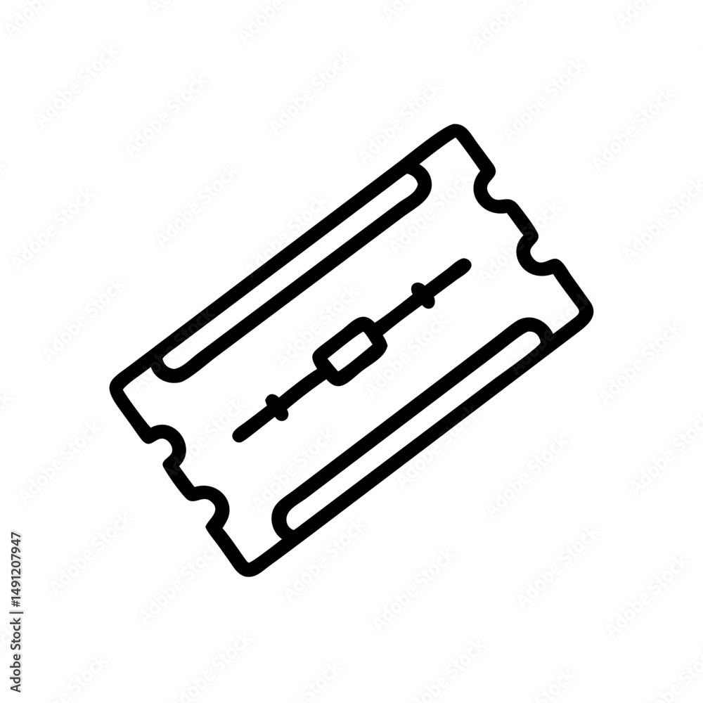 Poster depiction of a rectangular ticket with perforated edges and a central line design element shown