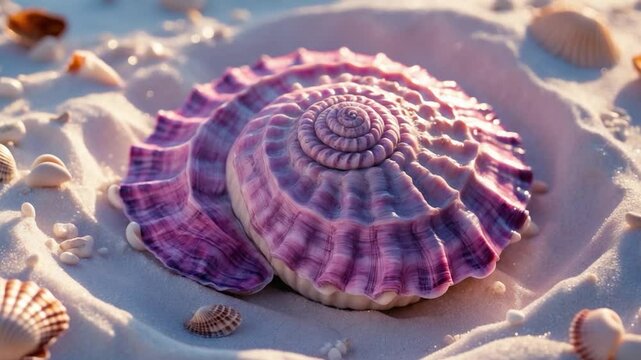 An overhead view of a pink and purple shell on sandy beach.