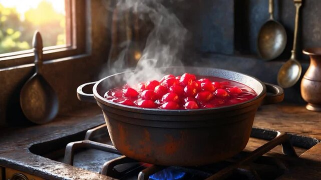 On the stove sits a pot of compote