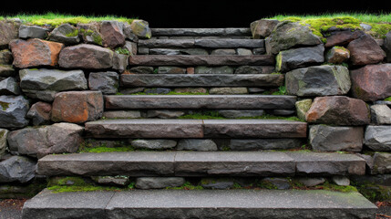 Beautiful stone steps ascend gracefully between sturdy rock walls, with vibrant green moss adding a touch of nature's charm to the rugged landscape feature.