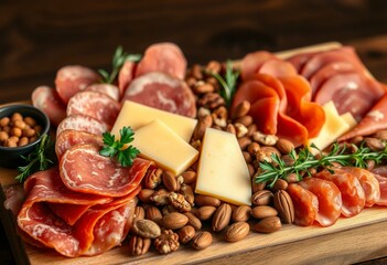 A charcuterie board with cured meats and nuts