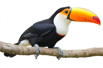 Obraz premium The image depicts a toucan bird sitting on a branch, enveloped by dense green foliage, embodying the essence of tropical beauty, lively spirit, exotic landscapes, liberation, and the splendor of the