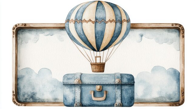A blue suitcase is positioned under a blue and white striped hot air balloon, representing travel and adventure, ideal for travel blogs and agencies