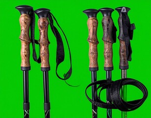 Trekking poles with black handles and adjustable straps against a vibrant green background