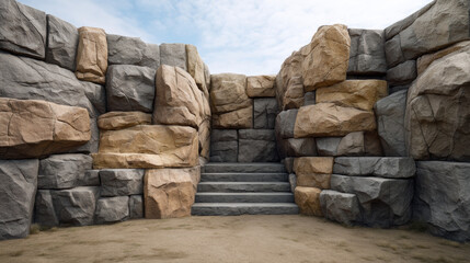 An impressive stone wall with rugged texture and stairs leading up and through an opening beneath a bright sky creating a sense of grandeur and mystery.