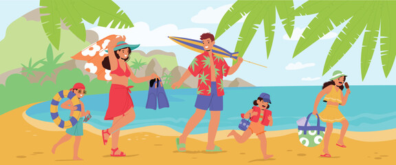 Happy family with touristic accessories going to sand beach enjoying summer vacation cartoon scene