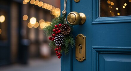 Festive holiday wreath adorning a blue door with warm bokeh lights in the background