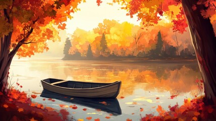 Obraz premium Autumnal scene by a still lake with a small boat.