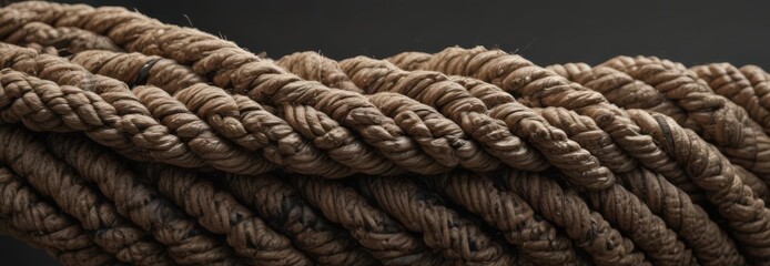 Fototapeta premium Thick, heavily stressed rope near snapping point, fibers separating , grey background, tear