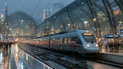 Fototapeta premium Modern Train at a Busy Station on a Rainy Evening Featuring Reflective Platforms and Illuminat