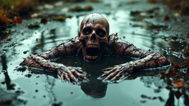 Eerie Eye Level of Skull Rising from Muddy Water Displaying Death and Horror Halloween Themed Landscape with Gothic Undertones