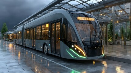 Modern Electric Bus at Futuristic Transit Station with Sleek Design and Illuminated Features