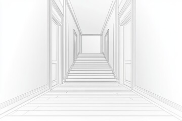Architectural sketch of an interior staircase in black and white, featuring a minimalist design and a low-angle view of the stairs ascending upwards