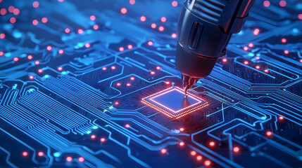 A robotic arm places a microchip on a glowing, high-tech circuit board with blue and red lights.
