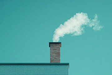 Brick chimney emitting white smoke against a teal sky. Minimalist architecture.