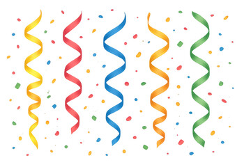 Colorful curling streamers and confetti falling on transparent background, celebrating a festive occasion