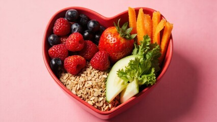 Heart shaped bowl with healthy food. Healthy eating and heart health.