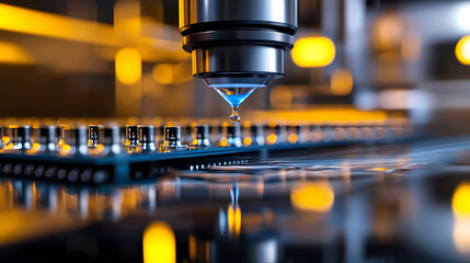 A robotic arm applies liquid to a microchip in a high-tech, futuristic electronics manufacturing facility.