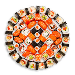 Japanese food restaurant delivery - sushi maki california gunkan roll platter big set isolated at white background, above view