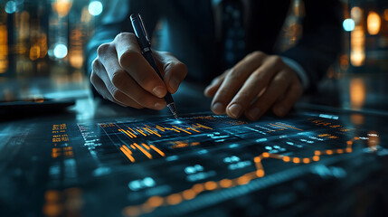 Naklejka premium Businessman analyzing financial data and stock market trends using advanced technology with interactive charts and graphs